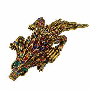 Vintage Gold-Plated Crocodile Statement Ring with Multicolor Crystals - 3"